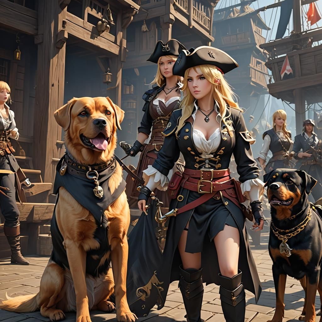 Blond Pirate Woman with Rottweiler in Anime Style