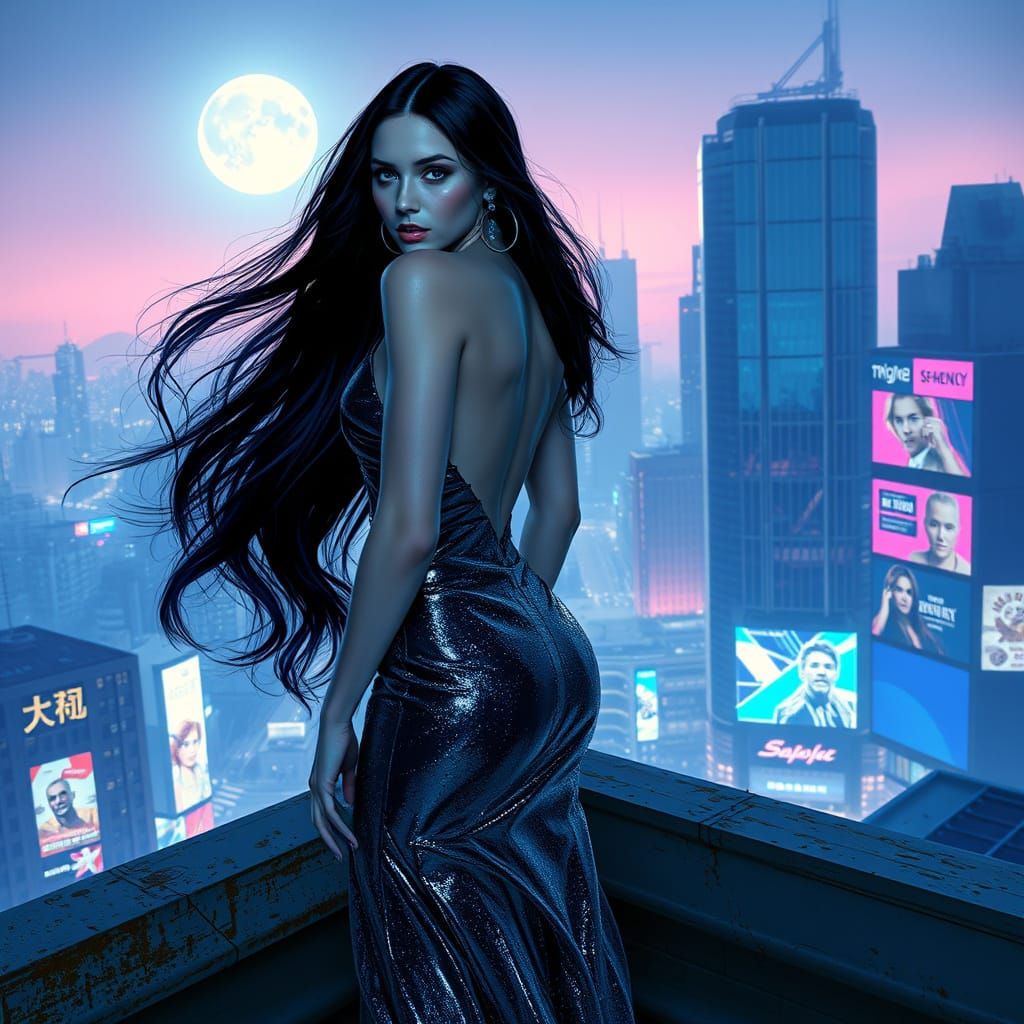 Cyberpunk Woman in Blue, Rooftop Cityscape