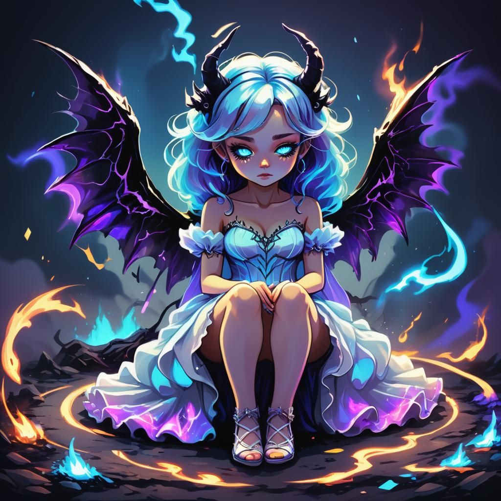 Chibi Witch in Burning Dress: Retro Digital Art