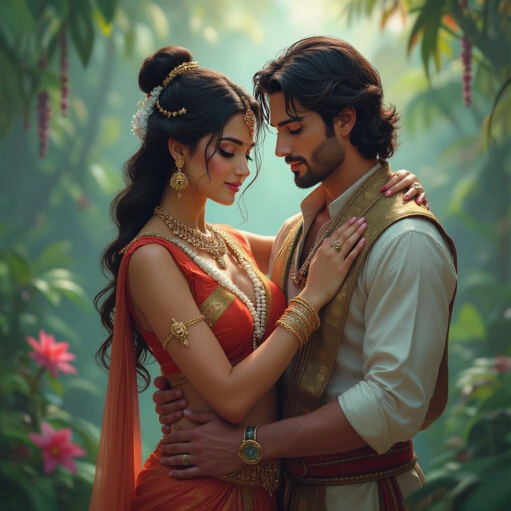 Apsara Embrace in Lush Fantasy Art Style