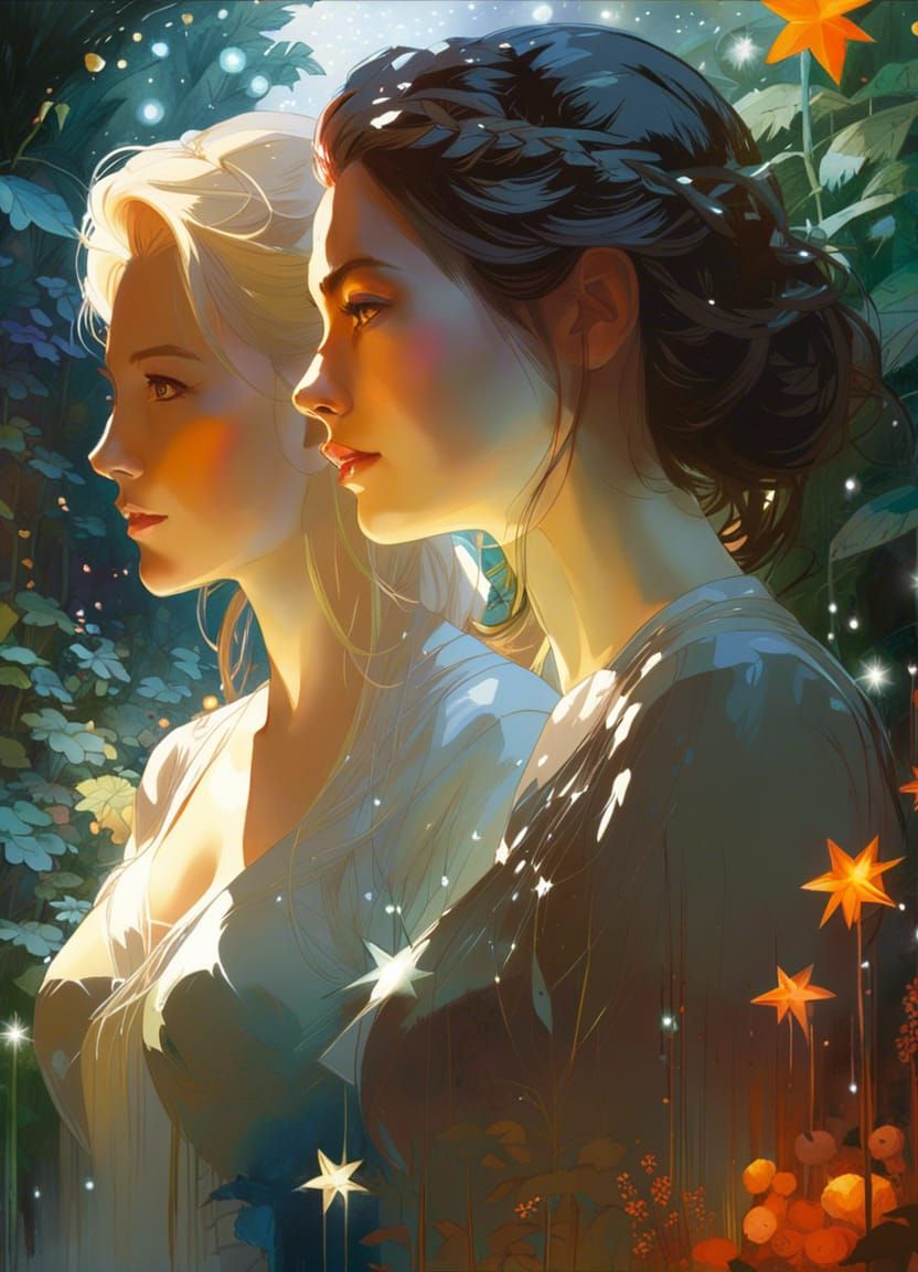 Star-Struck Love in Garden, Digital Art