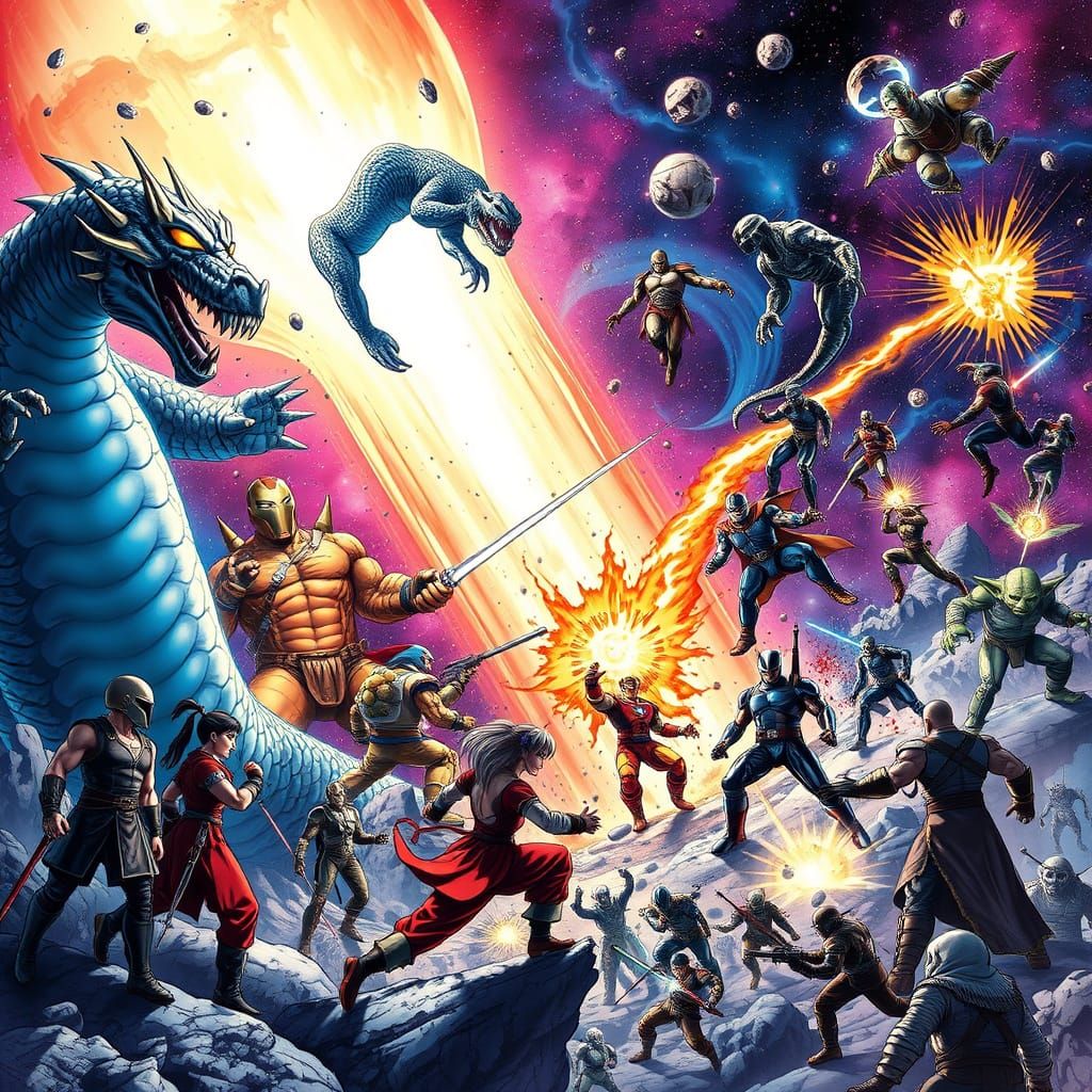 Epic Space Battle Scene with Mortal Kombat and Street Fighte...