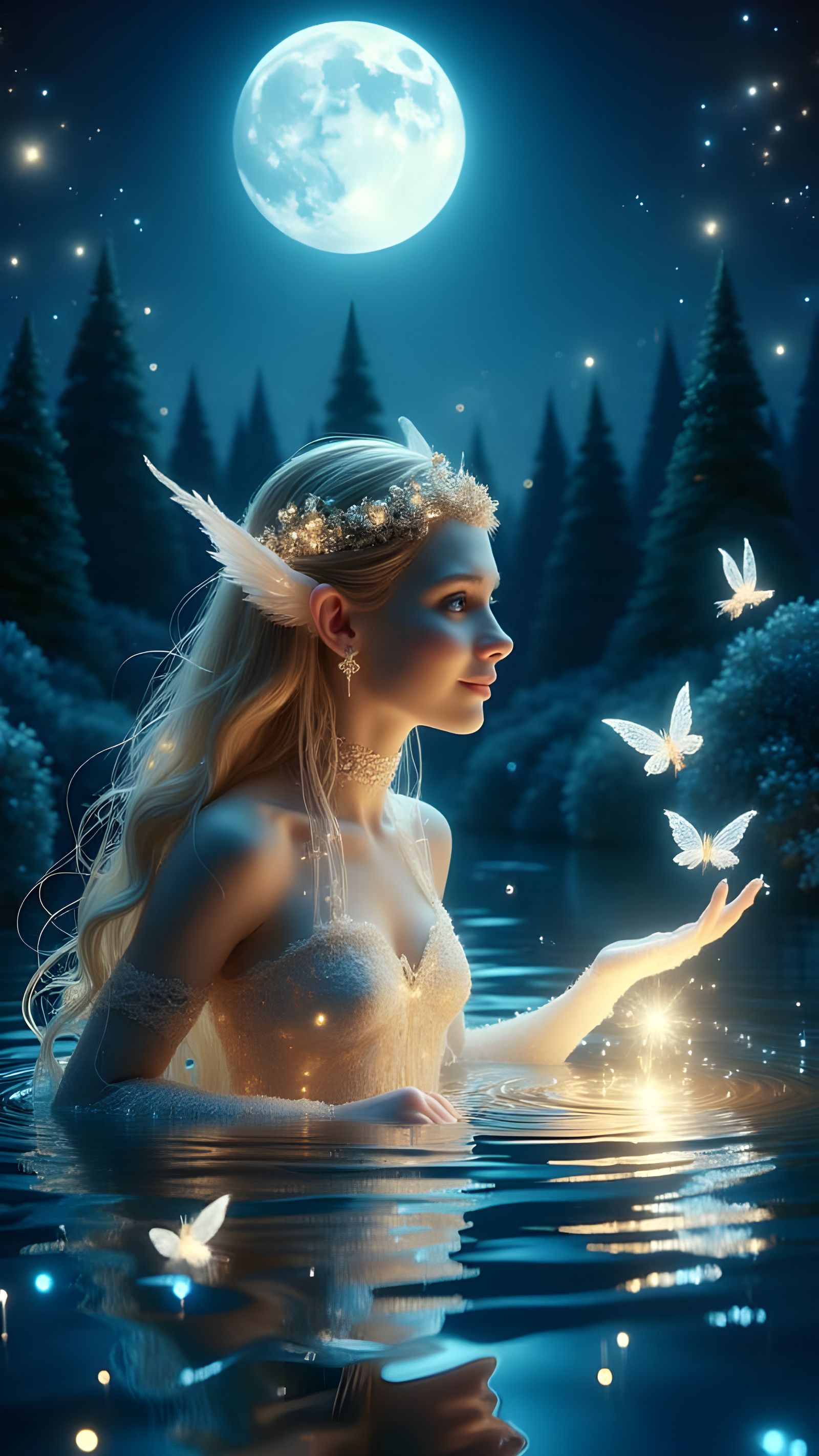 Moonlit Elf Bathing in Starry Forest