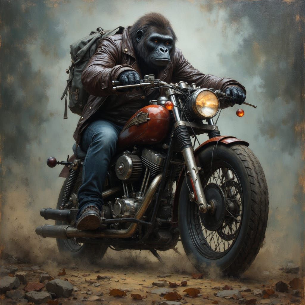 Gorilla Rider in Leather Jacket, Hyperrealistic Oil Painting