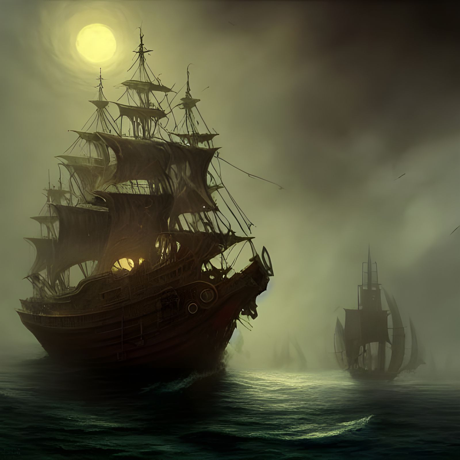 Enigmatic Ghost Ship in Sinister Horror Painting