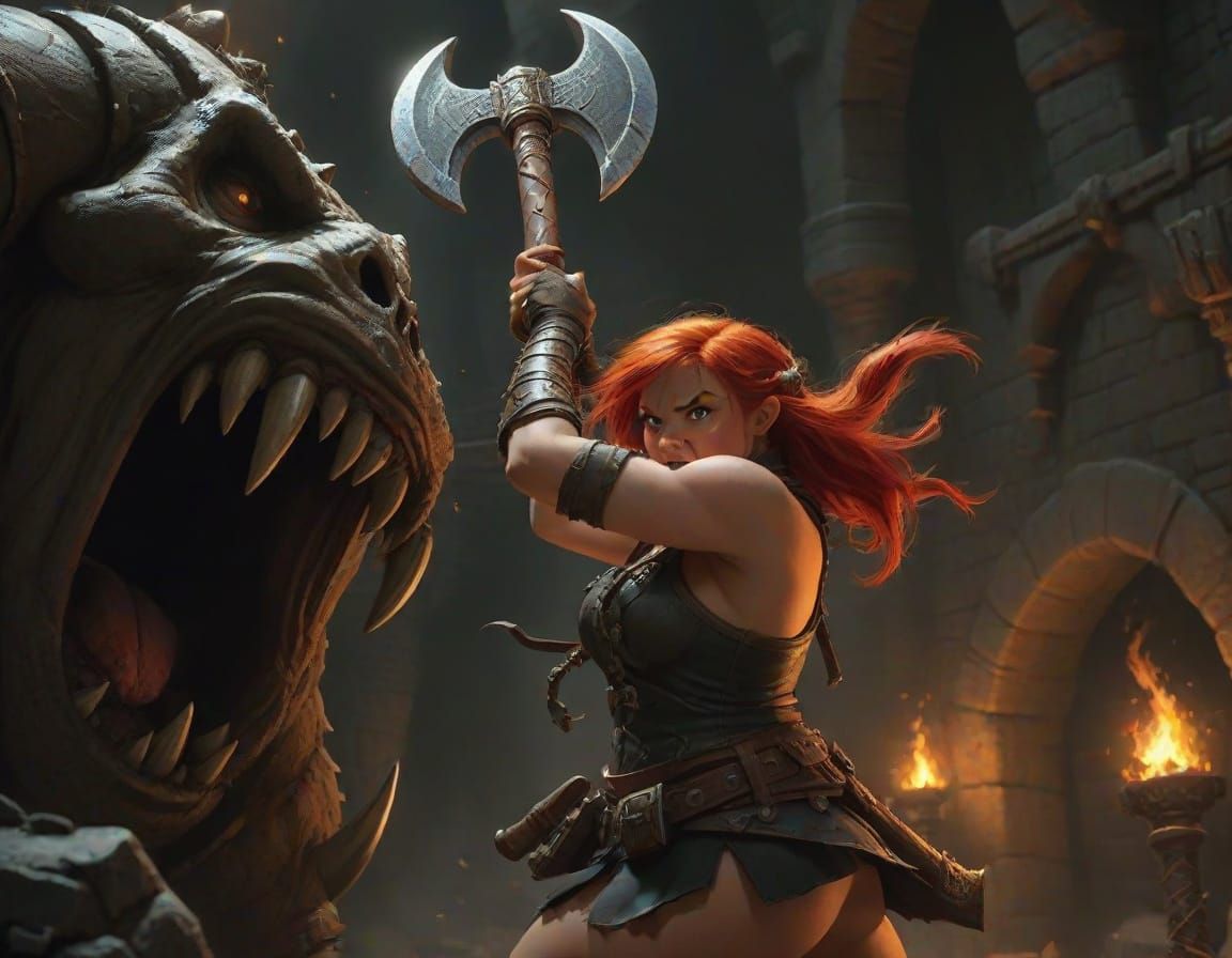 Epic Fantasy Dwarf Warrior Battles a Fiendish Monster