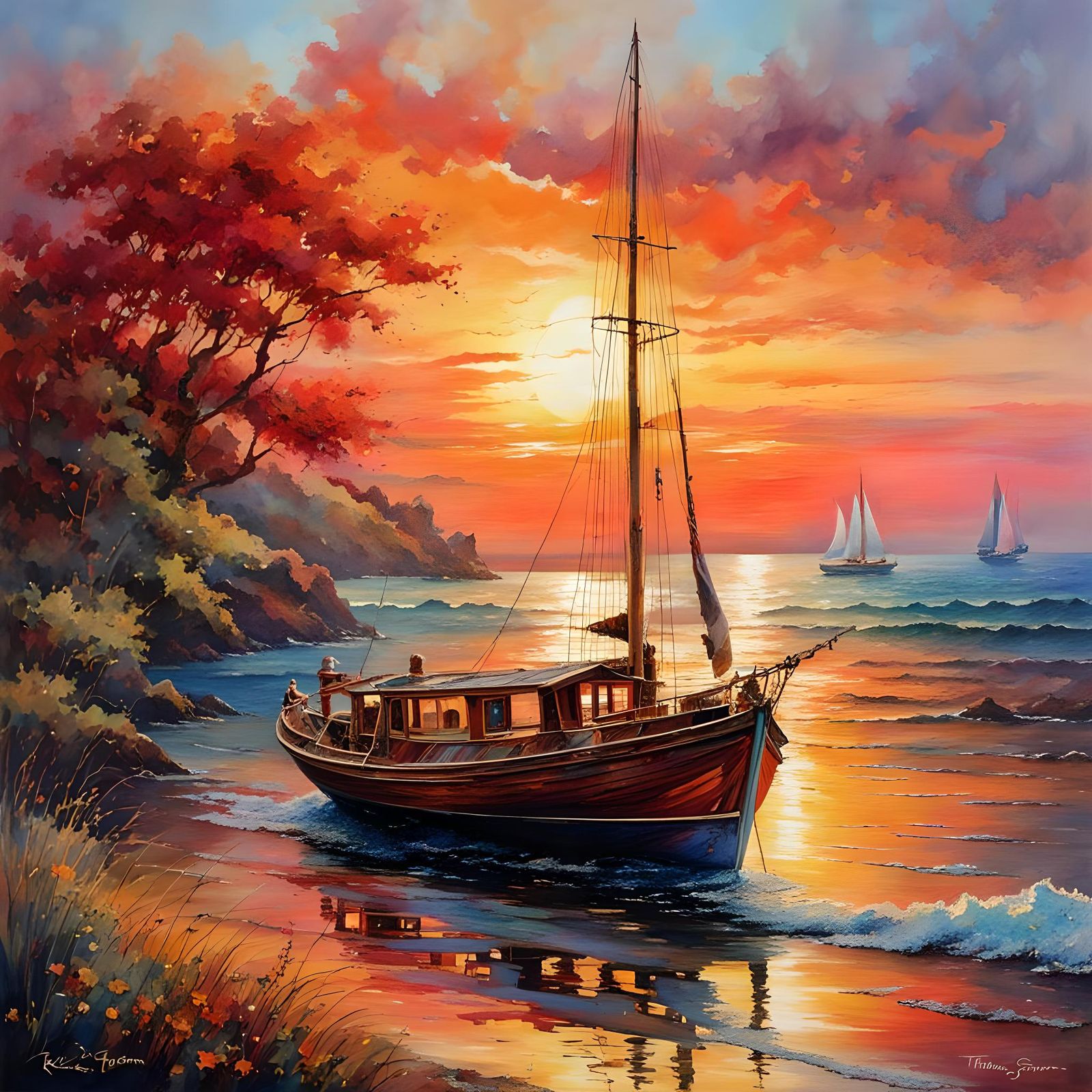 Sailboat Sunset in Watercolor and Ink Style