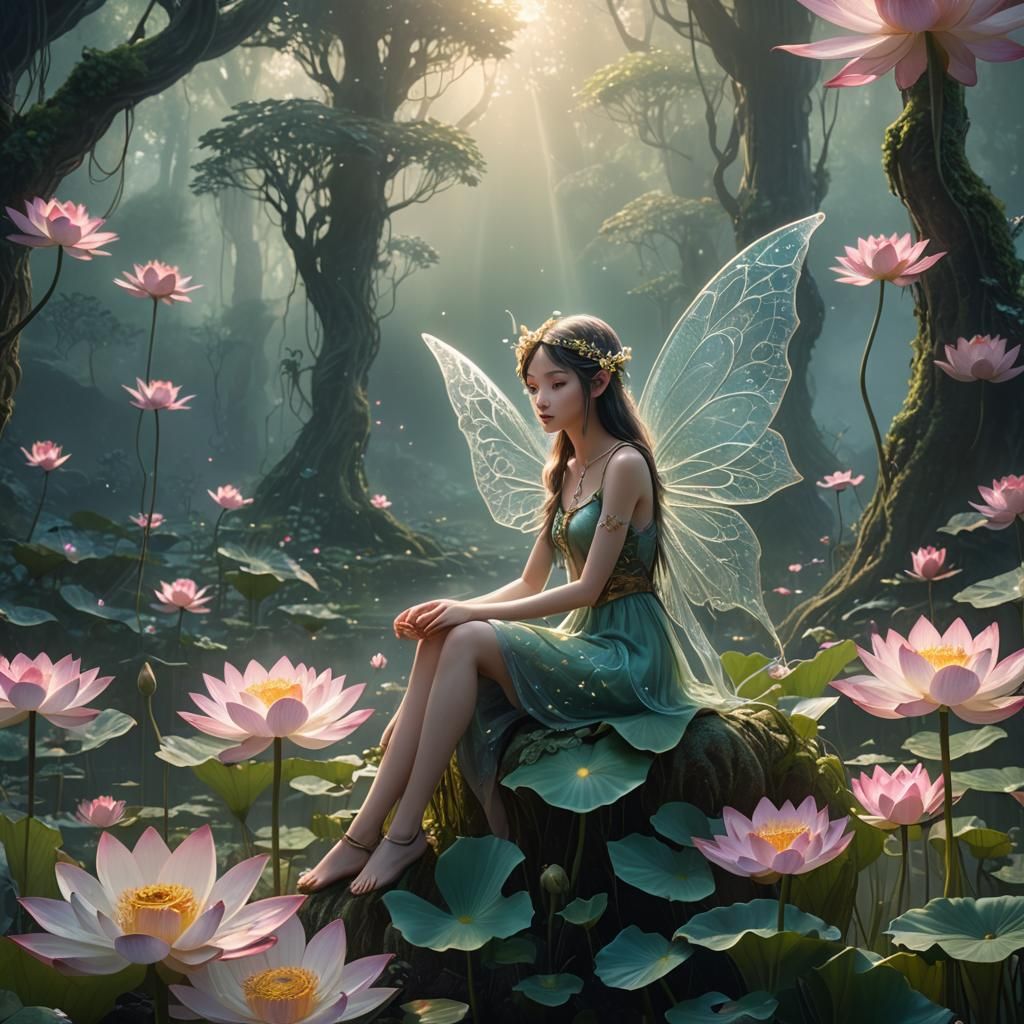 Fairy on Lotus in Misty Forest, Digital Art