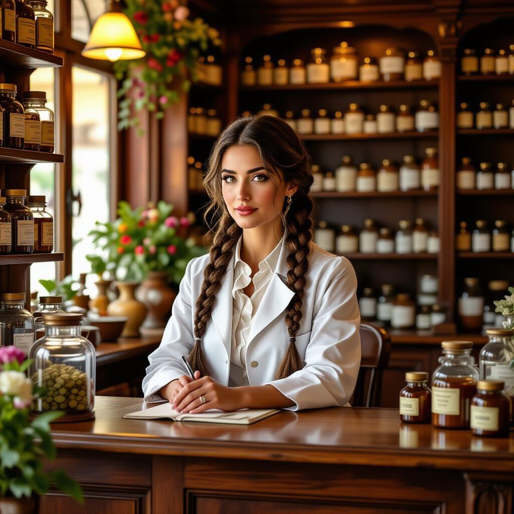 Old Italian Pharmacy with Woman at Counter