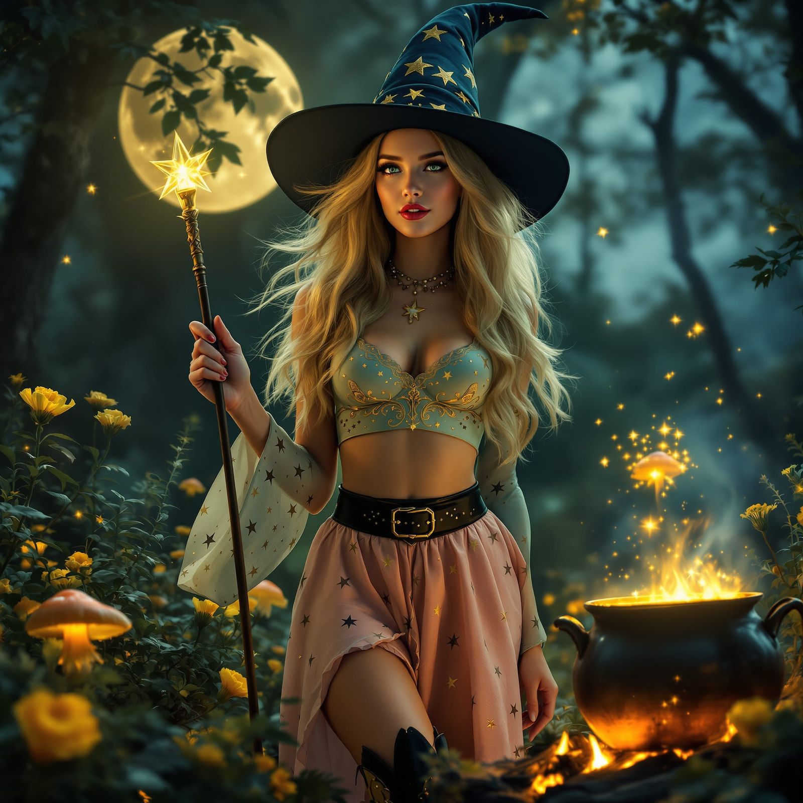 Elegant Witch in Enchanted Forest Under Full Moon