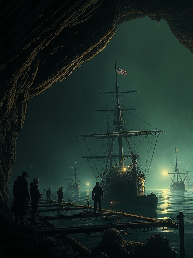 Eerie Cave Dock Scene in Impressionistic Style