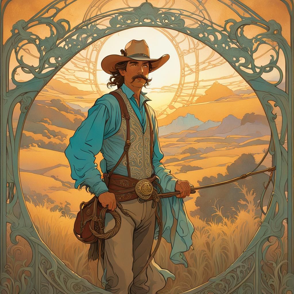 Cowboy in Art Nouveau Style Ranch Landscape