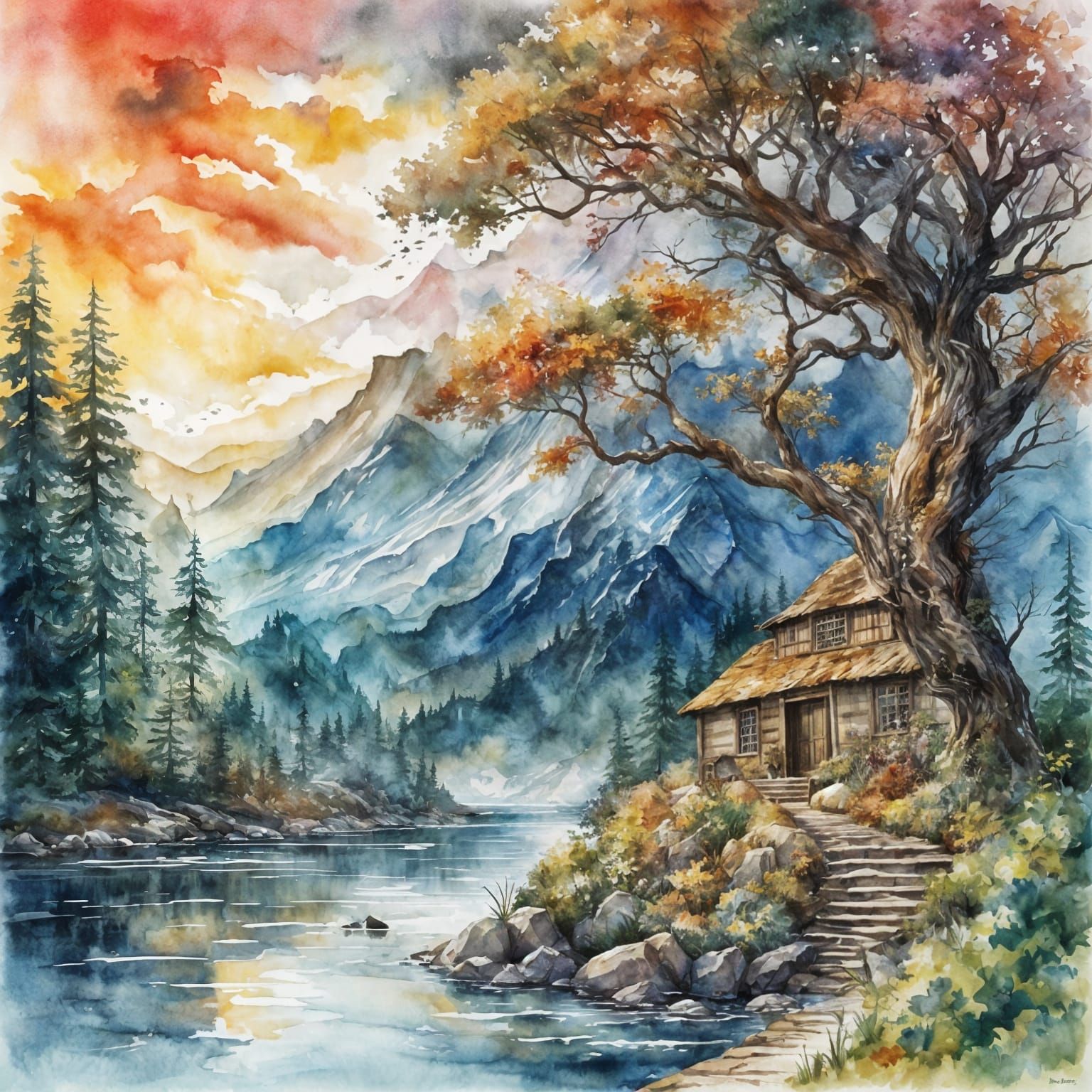 Lord of the Rings Fantasy Scene in Watercolor