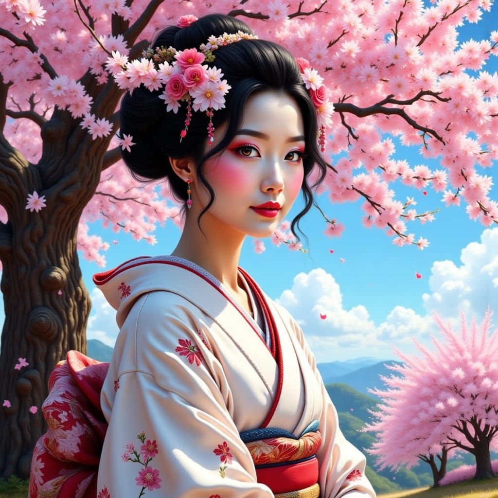 Geisha Under Cherry Blossoms in Serene Japanese Village
