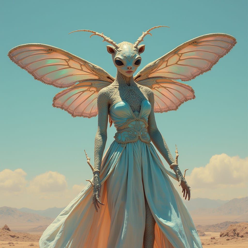 Moth Alien in Lunar Landscape, Ethereal Art