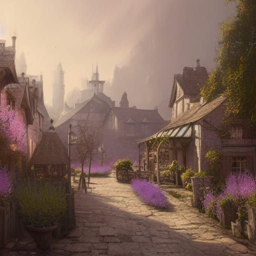 Lavender-Infused Fantasy Village Concept Art