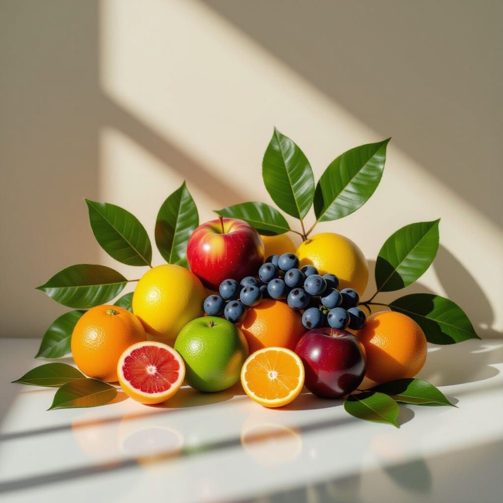 Dramatic Still Life of Fruits and Leaves in Film Style