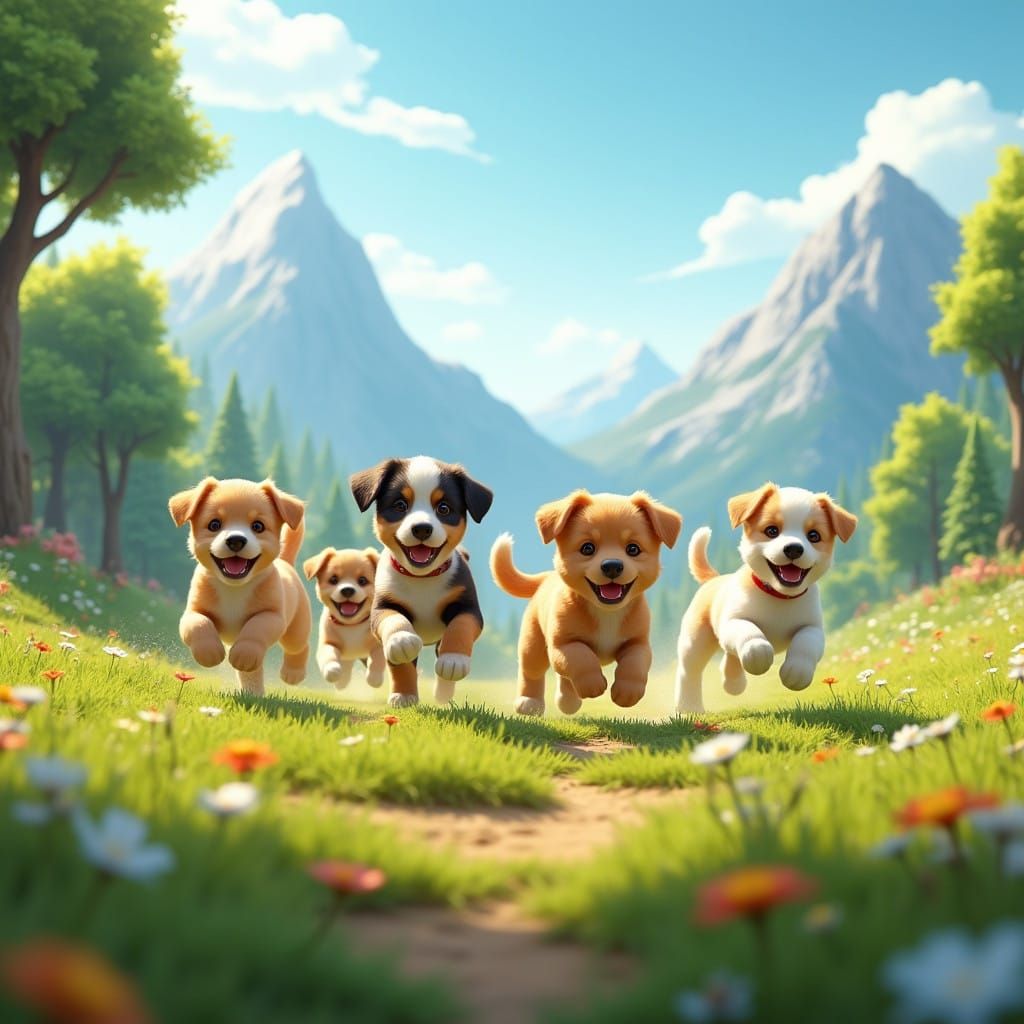 Whimsical Puppies Run Through Vibrant Landscape