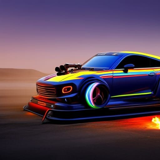 Hyperrealistic Funny Car with Skull Ornament and Flames