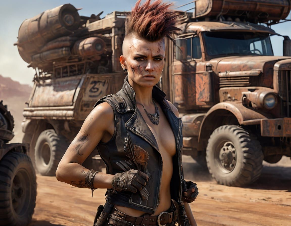 Cyberpunk Warrioress Standing Beside a High-Tech Desert Truc...