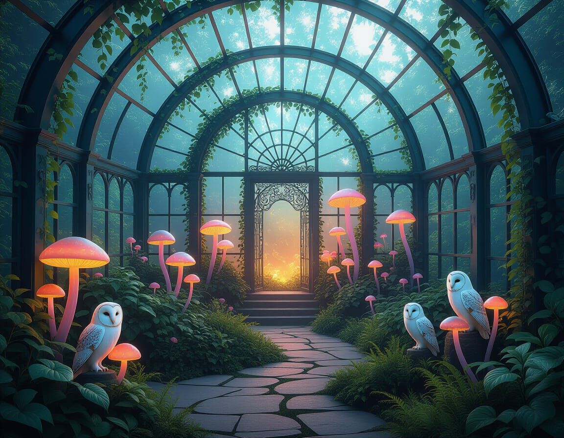 Surreal Greenhouse with Glowing Fungi in Psychedelic Art Sty...