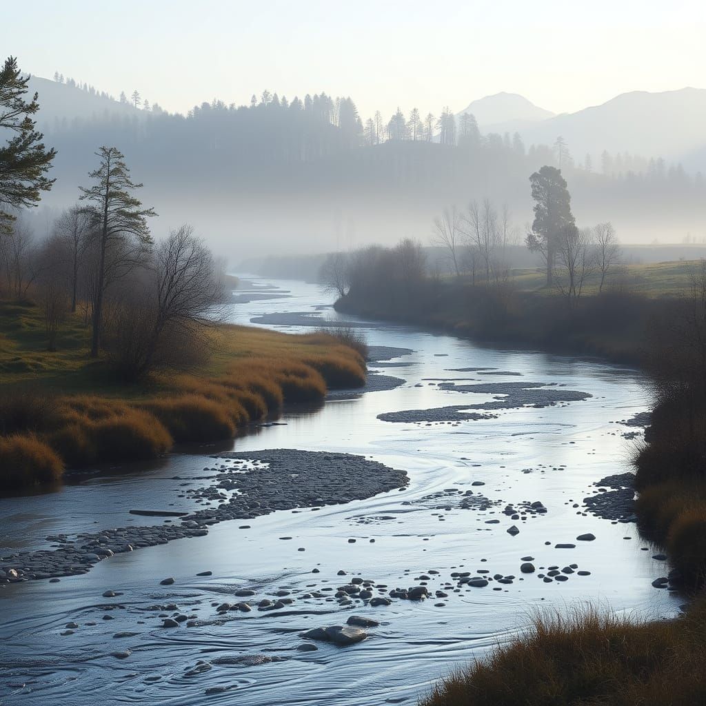 Tranquil River Landscape in Dreamy Art Style
