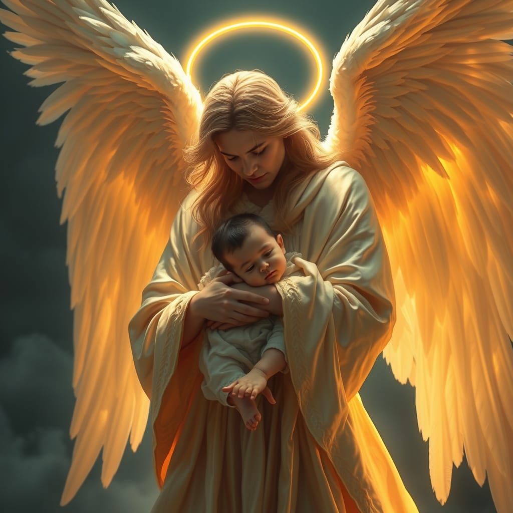 Guardian Angel Hugs Baby: Cinematic Digital Art