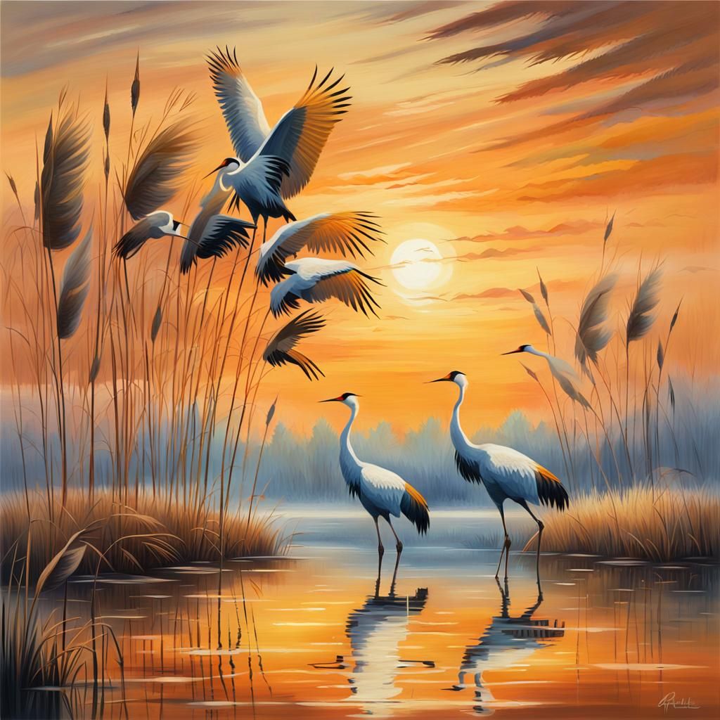 Cranes in Impressionist Evening Light on Lake