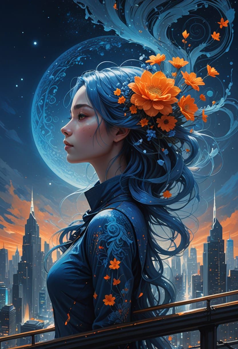 Celestial Woman With Blue Hair Amidst Futuristic Cityscape