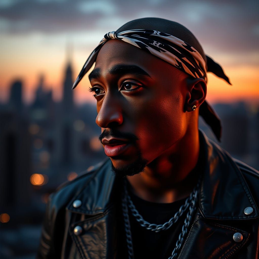 Portrait of Tupac Shakur in Gritty Urban Landscape