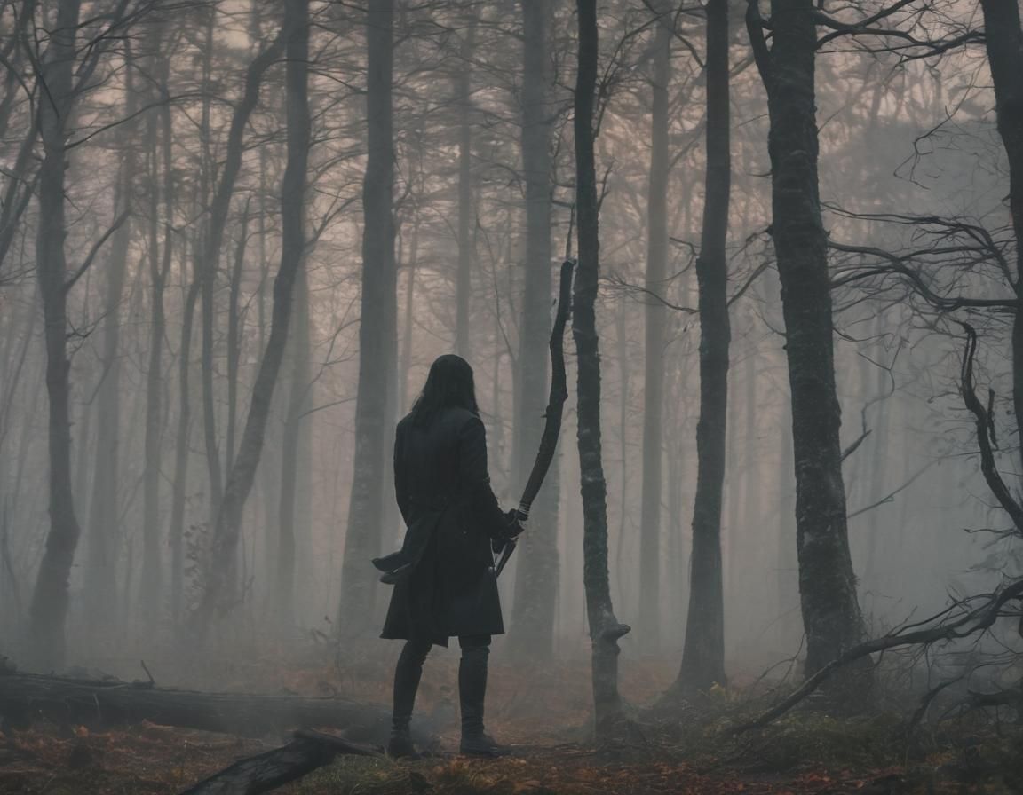 Hunter in Misty Forest with Axe, Cinematic Film Still