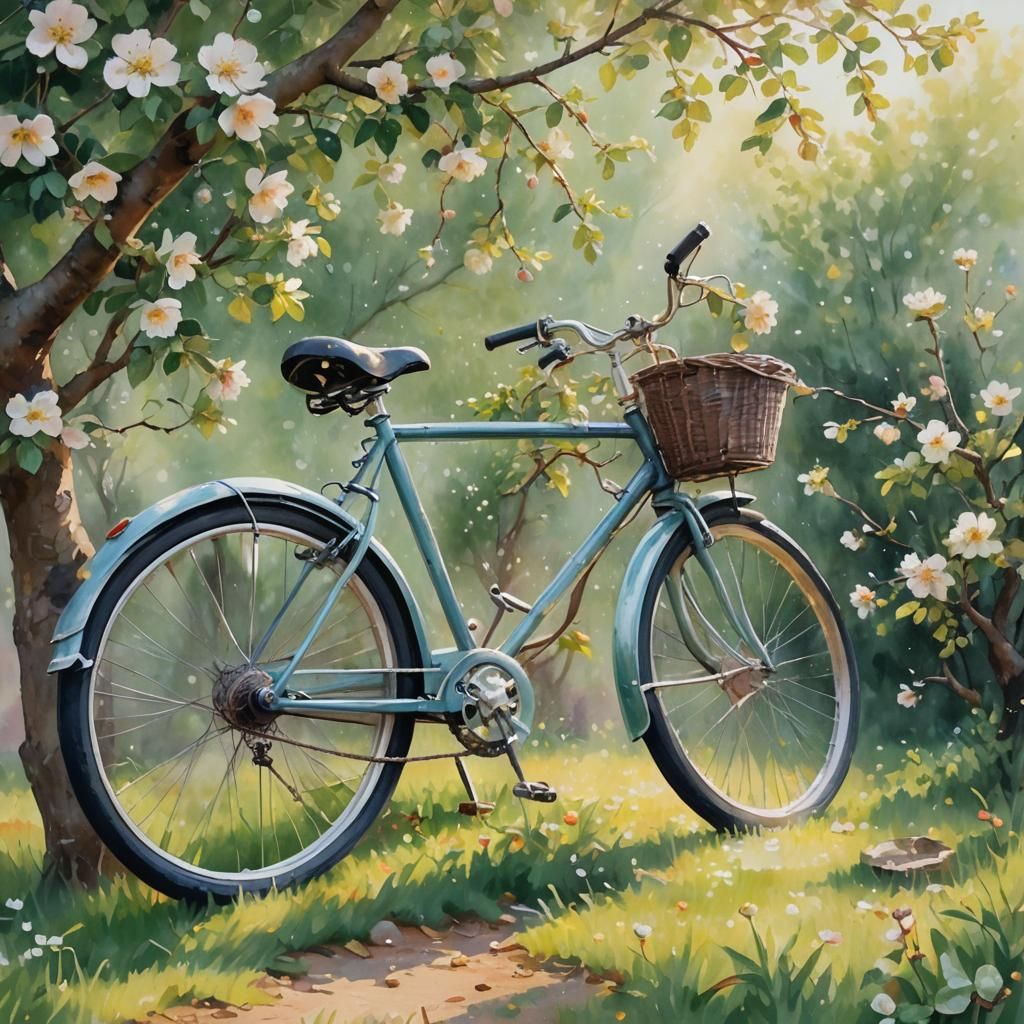 Impressionistic Apple Tree in Bloom with Bicycle