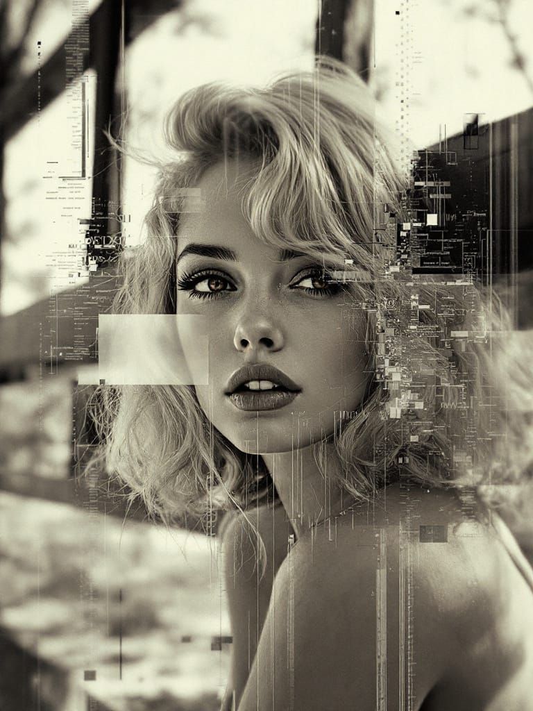 Pin-Up Woman Lost in Glitch Art and Digital Distortion