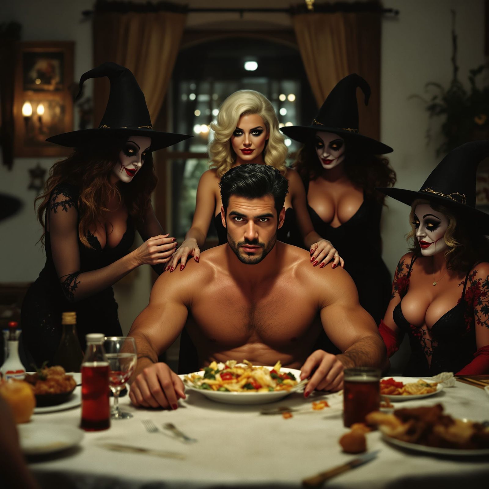 Witches Serve Meal to Delivery Driver in Cottage