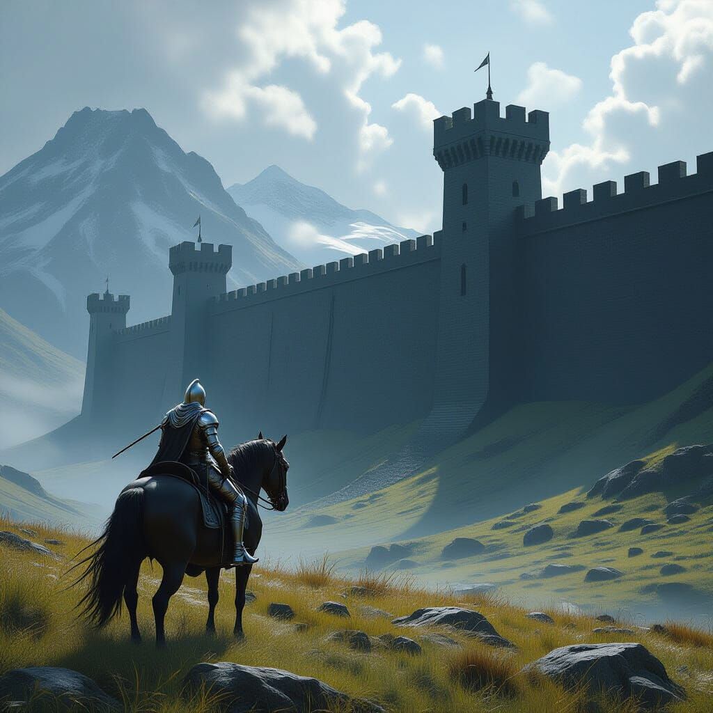 Epic Fantasy Warrior at a Colossal Stone Wall