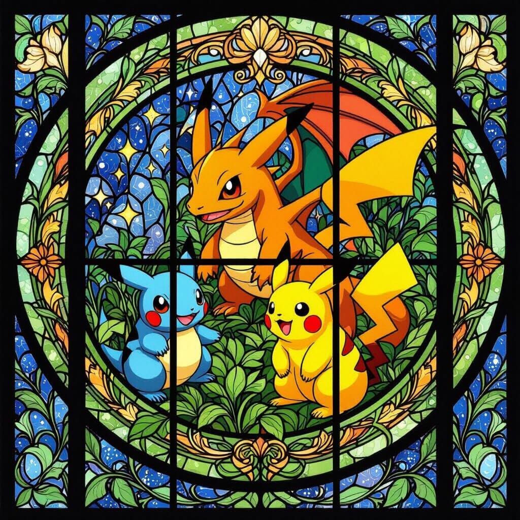 Pokémon Stained Glass in Art Nouveau Style