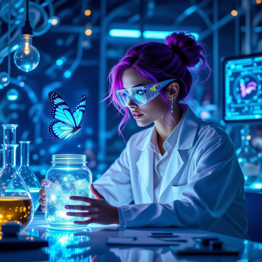 Futuristic Scientist and Bioluminescent Butterfly in Digital...