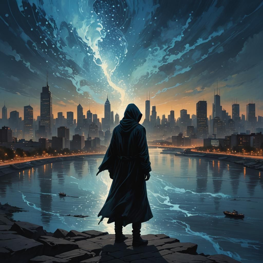 Mysterious Figure in Cityscape at Dusk