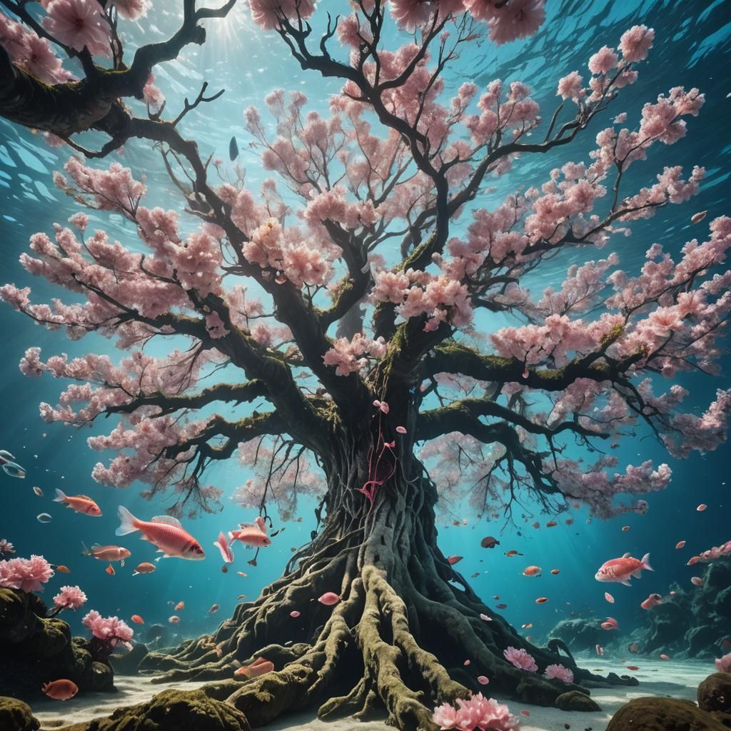 Underwater Cherry Blossom Tree in Surreal Style