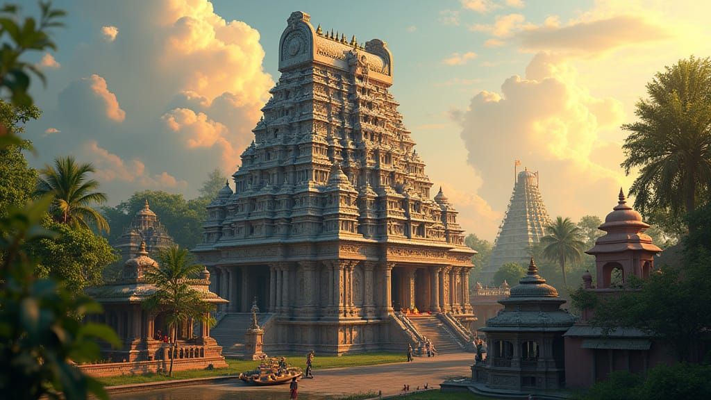 Ancient Indian Temple in Vibrant Colors and Lush Greenery, i...