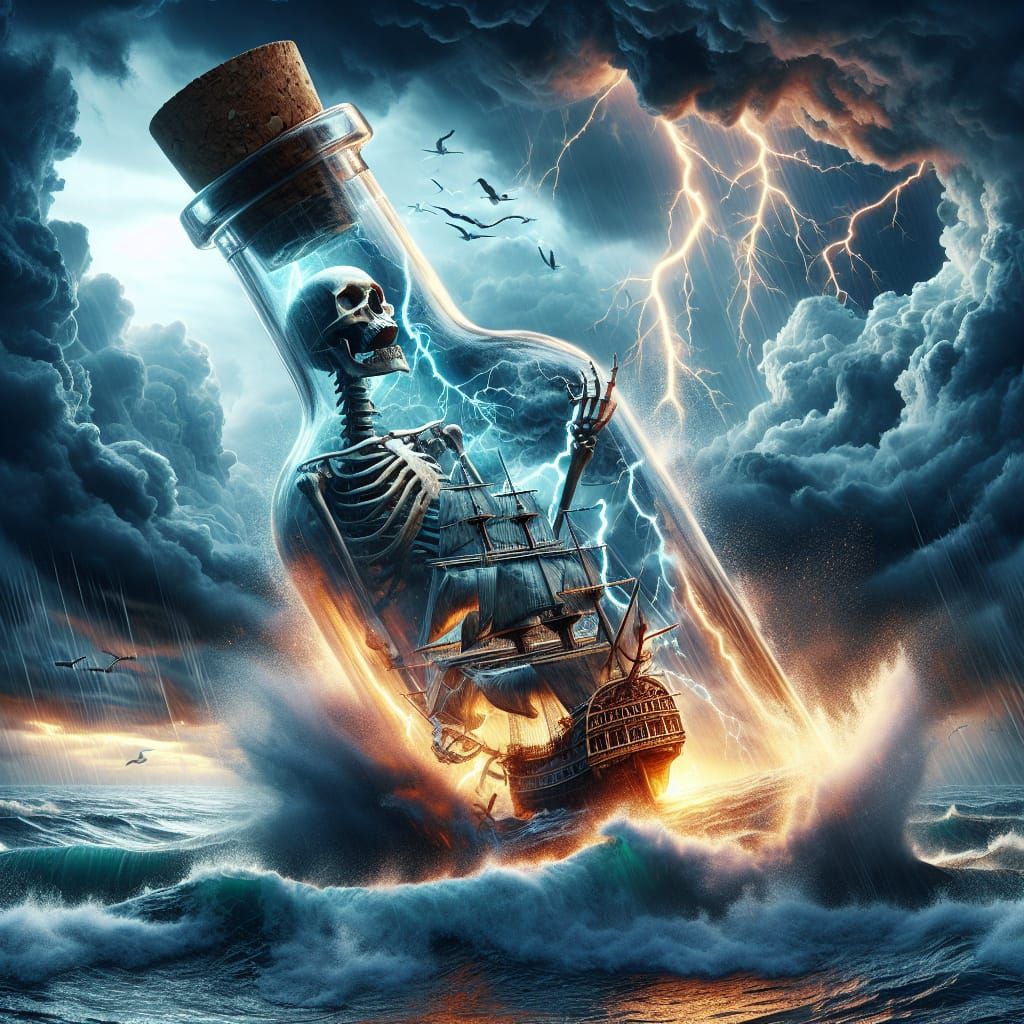 Skeleton Pirate Ship in a Bottle Amidst Storm