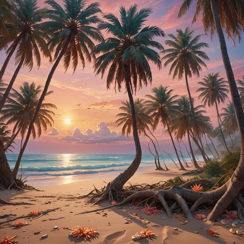 Tropical Beach Sunset in Detailed Fantasy Digital Art
