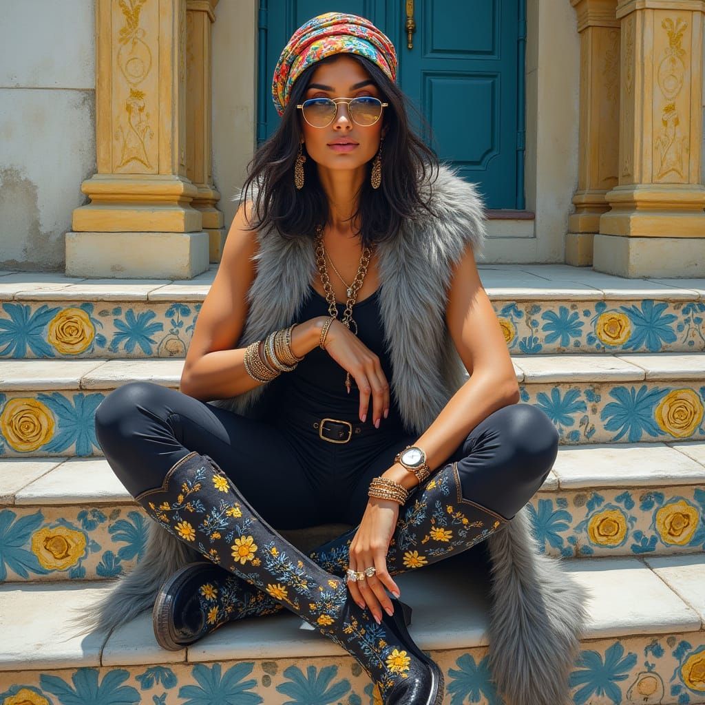 Bohemian Woman on Tiled Steps in Gouache Style