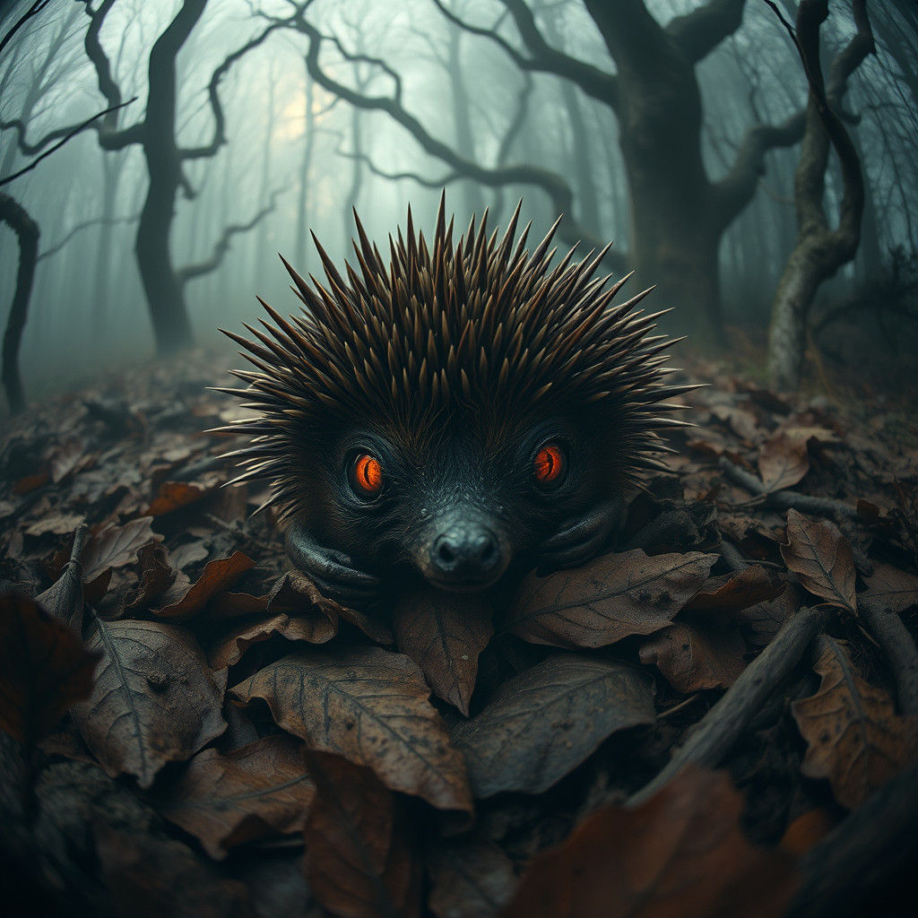 Grotesque Mutated Hedgehog in Mist-Shrouded Forest