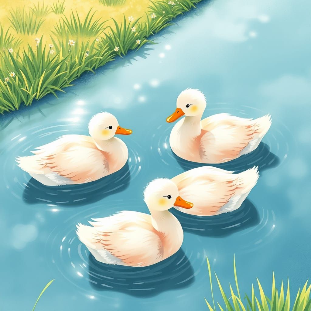 Whimsical Anime Ducks in Kawaii Style Floating on a Shimmeri...