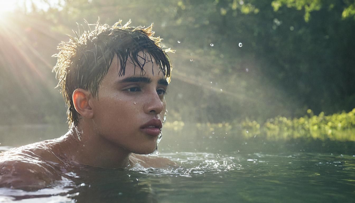 Young Man Swimming in Lake: Cinematic Film Still