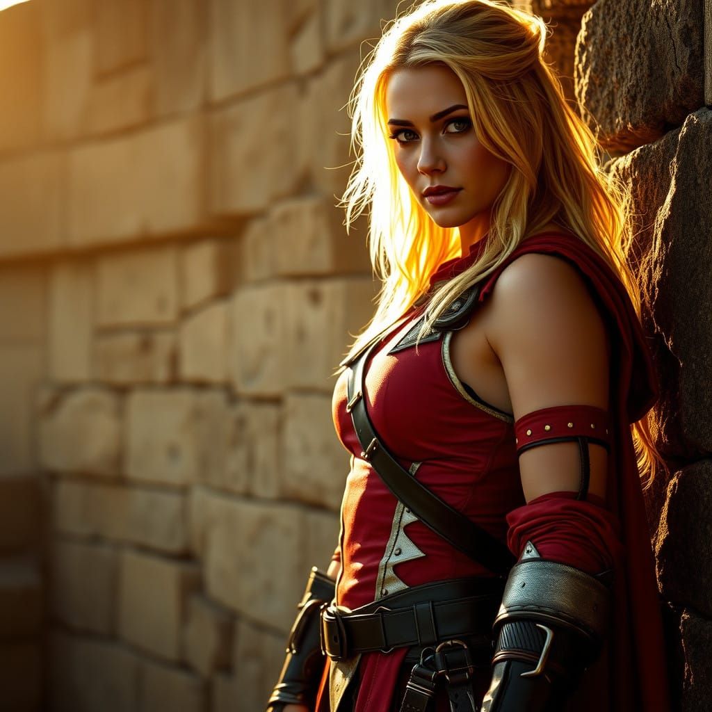 Heroic Female Barbarian Warrior in Red and White Leather Arm...