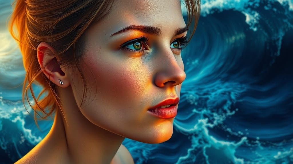 A Contemplative Woman Gazing Out at the Turbulent Sea in a H...