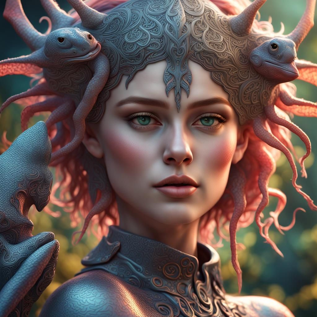 Girl and Axolotl in Hyperstylized Celtic Art