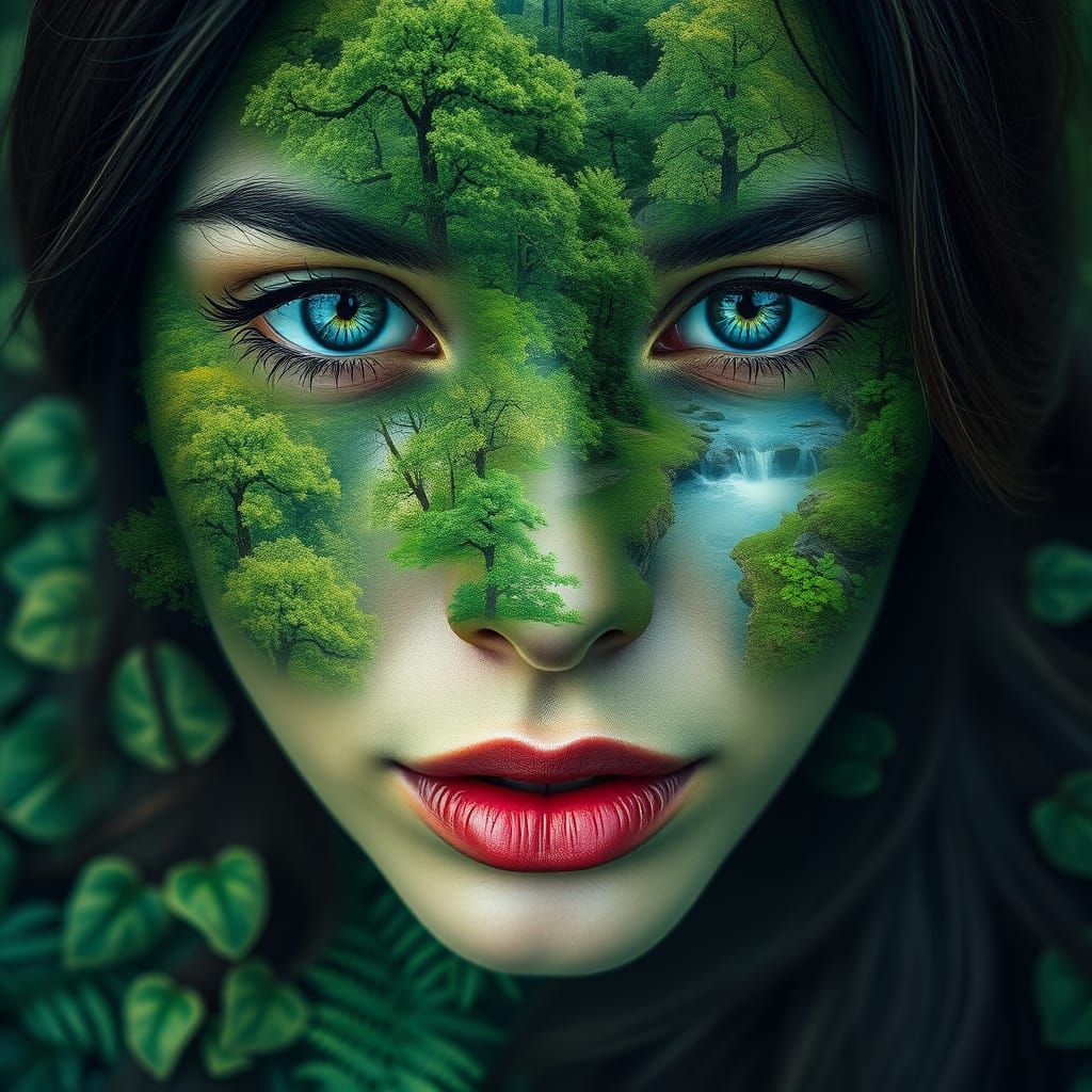 Surreal Forest Portrait: Woman Merged with Nature